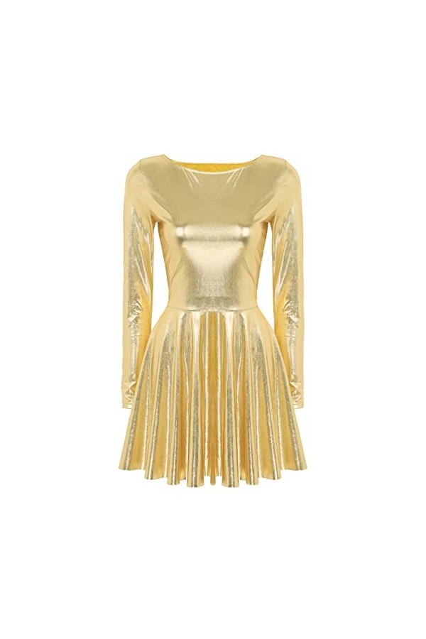 Mini robe trapèze pour femme - Robe de soirée holographique métallique à manches longues - Doré - Taille L