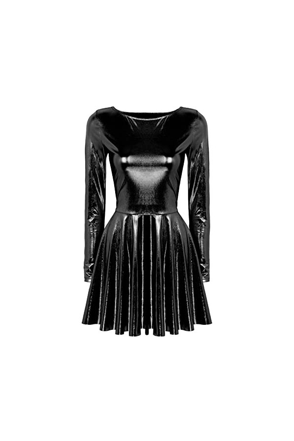 Mini robe trapèze pour femme - Robe de soirée holographique métallique à manches longues - Doré - Taille L