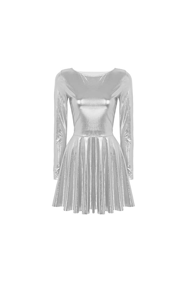 Mini robe trapèze pour femme - Robe de soirée holographique métallique à manches longues - Doré - Taille L