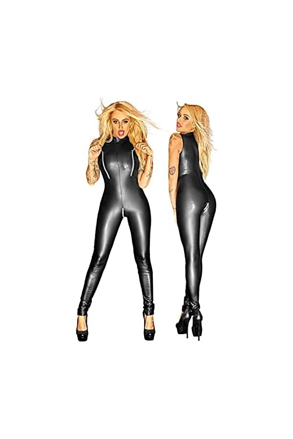 Faux Cuir Body Femmes En Cuir Verni Body Halloween Costume Sexy Wetlook Clubwear Brillant Justaucorps,Noir,Grand