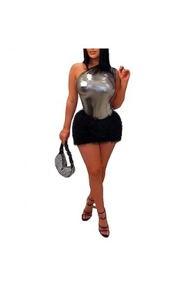 Ensemble 2 pièces sexy pour femme avec body asymétrique métallique, bleu royal, Medium