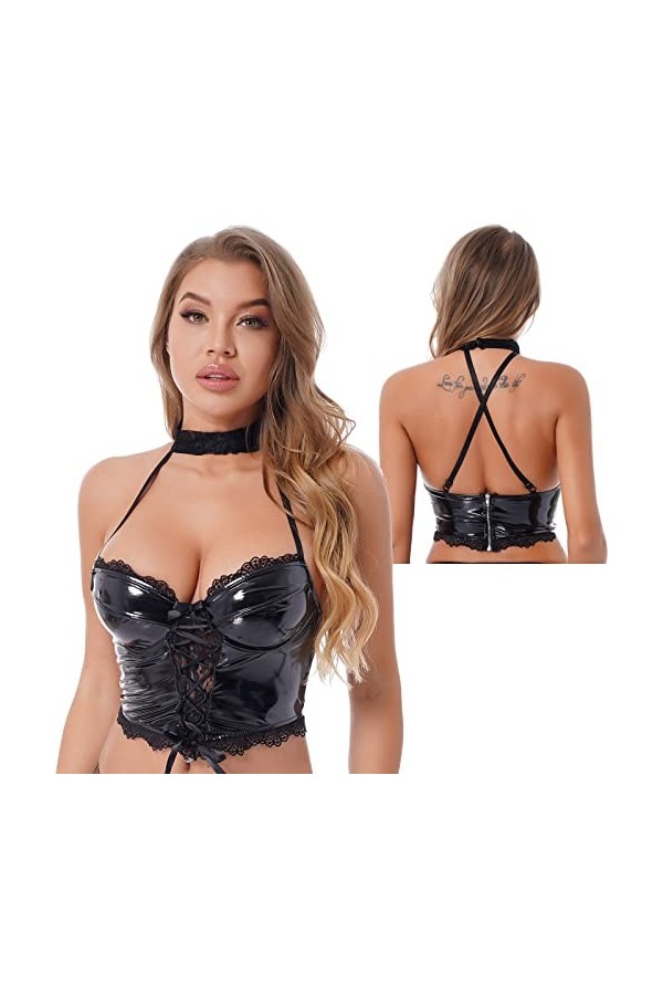 Womens Lace Patchwork Lace-up Camisole Glossy Patent Leather Halter Crop Top Zipper Back Vest,Black,M