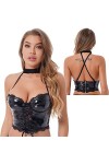 Womens Lace Patchwork Lace-up Camisole Glossy Patent Leather Halter Crop Top Zipper Back Vest,Black,M