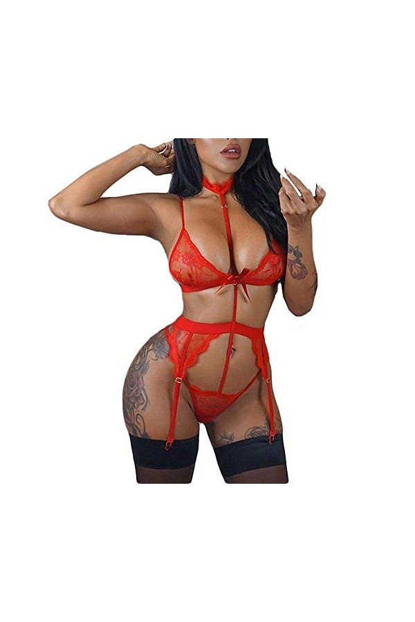 HODAGES Pyjamas Costumes Femmes Dentelle sous-Vêtements Creux Soutien-Gorge G String avec Col Langeire Ensemble Poupées Porno