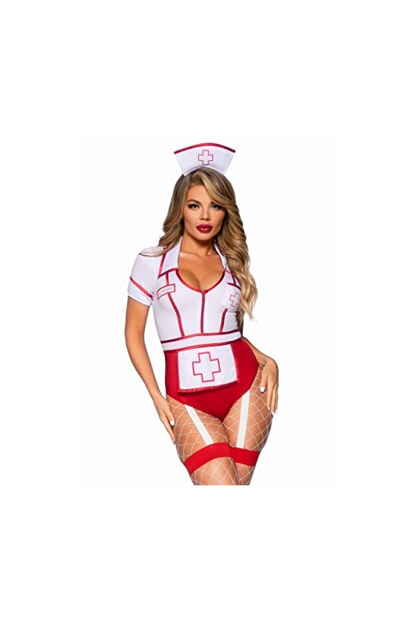 Leg Avenue 2 PC Nurse Feelgood, includes snap crotch garter bodysuit with attached apron and hat headband.