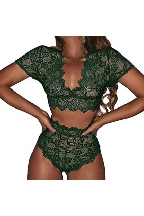 RWRAPS Costume Confortable en Dentelle au Crochet pour Femme - Pyjama en Dentelle Profonde en V - sous-vêtements créatifs Co