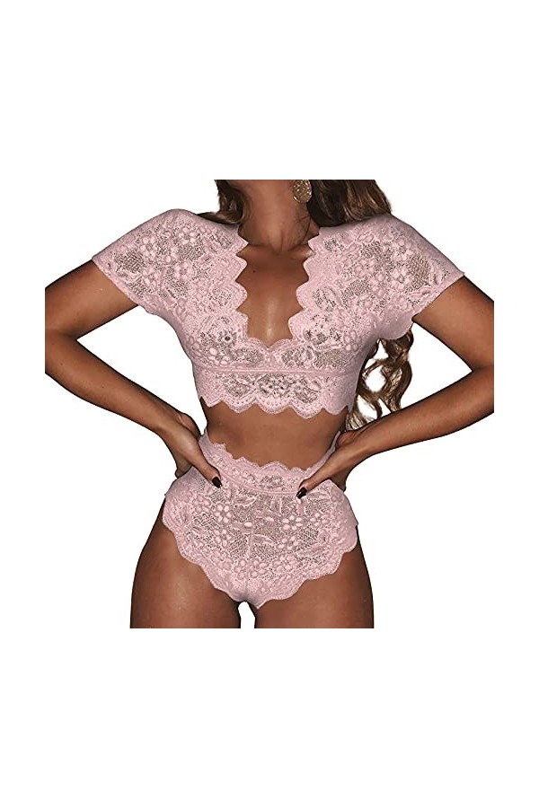 RWRAPS Costume Confortable en Dentelle au Crochet pour Femme - Pyjama en Dentelle Profonde en V - sous-vêtements créatifs Co