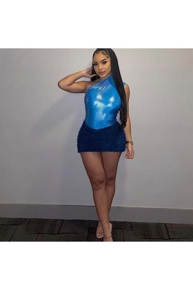 Ensemble 2 pièces sexy pour femme avec body asymétrique métallique, bleu royal, Medium