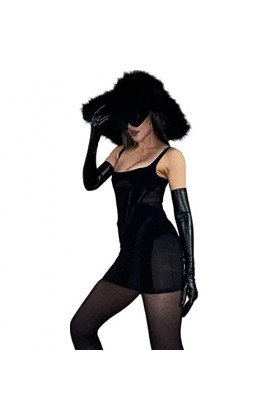 KWIXUK Sexy Noir sans Manches Robes Courtes Tenues de boîte de Nuit for Les Femmes Velours Maille Voir à Travers Moulante Min
