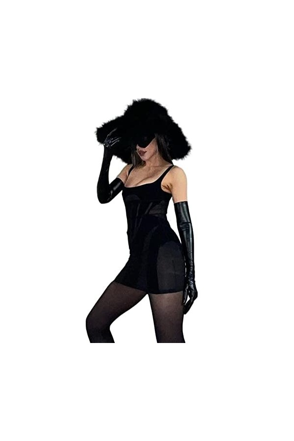 KWIXUK Sexy Noir sans Manches Robes Courtes Tenues de boîte de Nuit for Les Femmes Velours Maille Voir à Travers Moulante Min