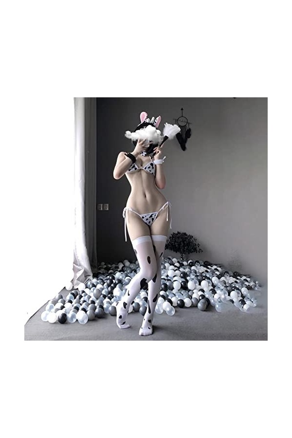 Tbkoly Femmes Dentelle Body vêtements de Nuit Lingerie for Femmes translucide Mignon Vache Cosplay Costume Culotte Bandeau Br