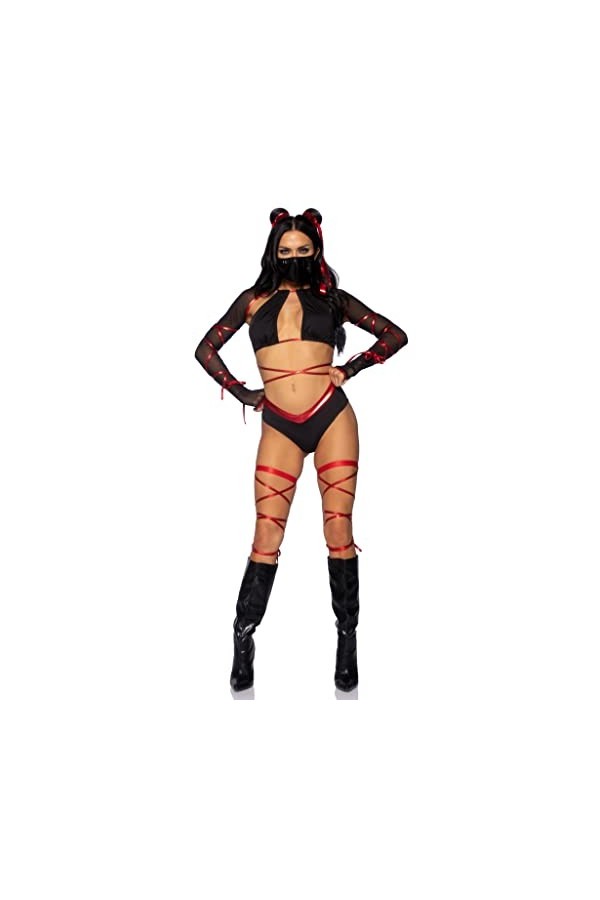 Leg Avenue 87104-01101 5 Pc Lethal Ninja, Includes Strappy Wrap-Around Bra Top With Attached Mesh Gloved Shrug, V-Cut Bottoms