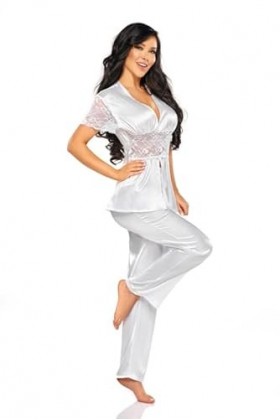 Pyjama élégant en satin avec dentelle - Beauty Night Missy, Blanc, white-417, XL