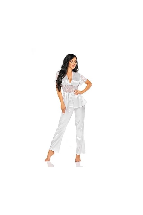 Pyjama élégant en satin avec dentelle - Beauty Night Missy, Blanc, white-417, M