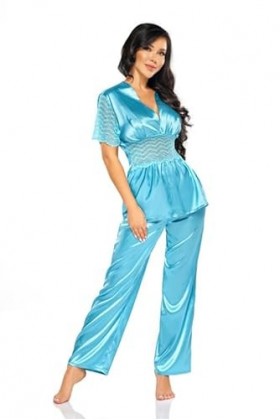 Pyjama élégant en satin avec dentelle - Beauty Night Missy, Turquoise, turquoise turquoise , XL