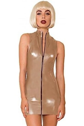 Sleeveless Zipper Front Dress Women Sexy Shiny Mini Dress,Rose Gold,X-Large