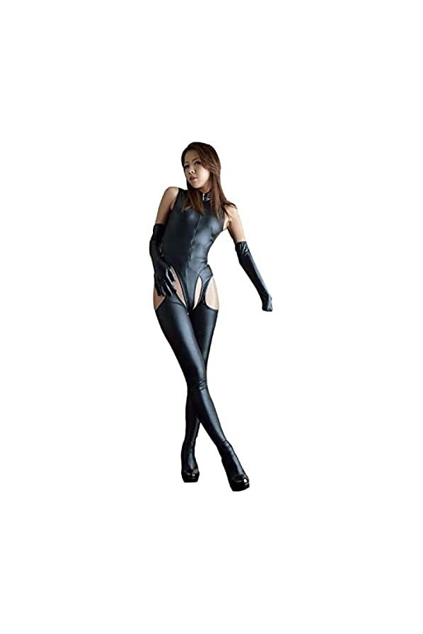 Femmes En Cuir Verni Catsuit Fermeture Éclair Entrejambe À Manches Longues Combinaison Discothèques Body Lingerie,Noir,Moyen