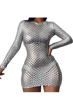 Robe sexy à col rond et manches longues ajourées pour femme - Pour bar, discothèque - Argenté, Argenté., taille unique