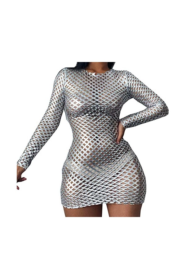 Robe sexy à col rond et manches longues ajourées pour femme - Pour bar, discothèque - Argenté, Argenté., taille unique