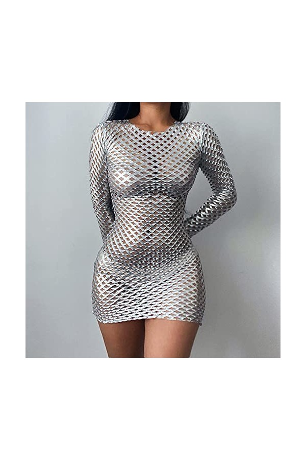 Robe sexy à col rond et manches longues ajourées pour femme - Pour bar, discothèque - Argenté, Argenté., taille unique