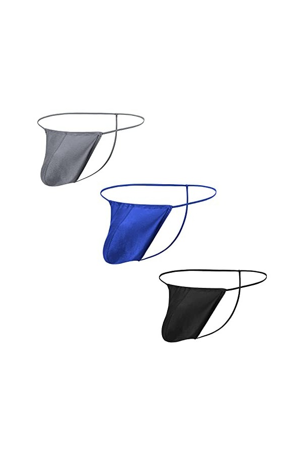 BIATWOWR String string réglable sans étiquette pour homme - Sous-vêtements sexy - Grande poche avant - Dos en T - Taille bass