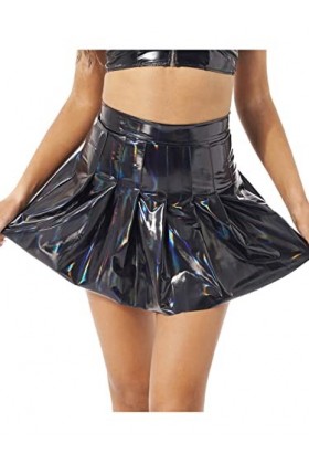 Flirty Wardrobe Jupe plissée en similicuir brillant Taille haute Fermeture Éclair Noir Taille XXL