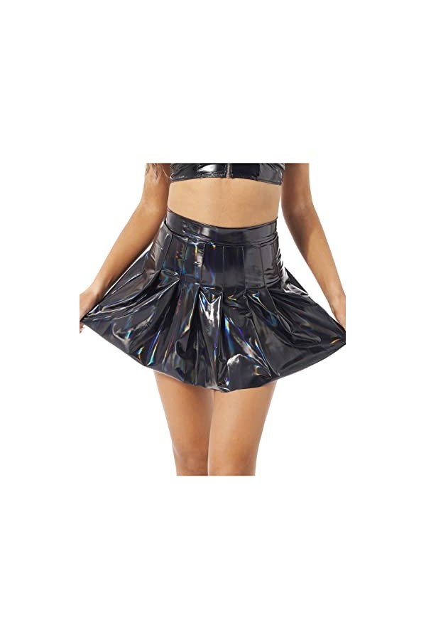 Flirty Wardrobe Jupe plissée en similicuir brillant Taille haute Fermeture Éclair Noir Taille XXL