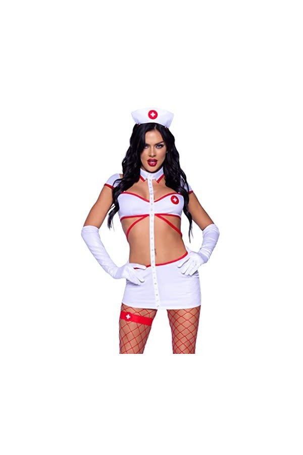 Leg Avenue 4 PC Heartstopping Nurse, includes strappy cut-out dress with snap detail, gloves, headband, and garter.