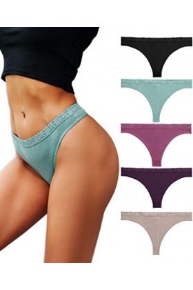 Knowyou Lot de 5 strings sexy taille basse avec dos en T pour femme, Lot de 5 1 noir, 1 marron camée, 1 violet, 1 vert menth