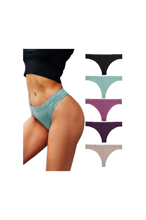 Knowyou Lot de 5 strings sexy taille basse avec dos en T pour femme, Lot de 5 1 noir, 1 marron camée, 1 violet, 1 vert menth