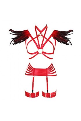 PETMHS Ensemble de harnais à plumes pour femme - Pour festival, carnaval, arts et costumes, Rouge long., A