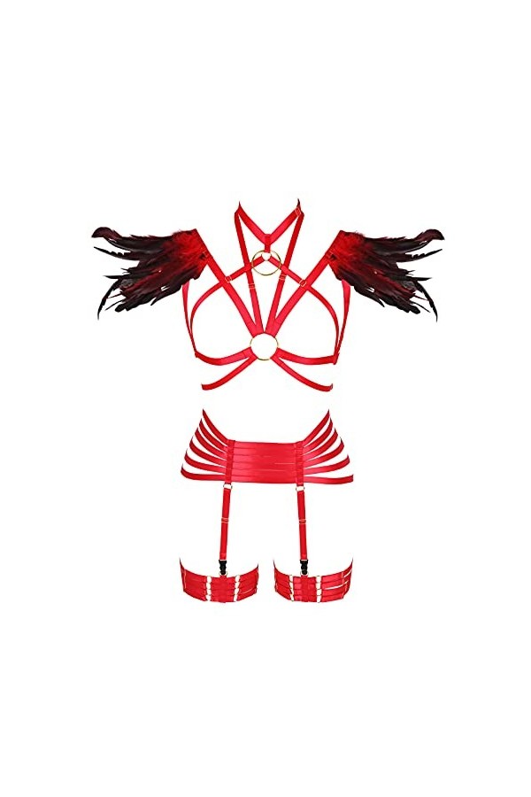 PETMHS Ensemble de harnais à plumes pour femme - Pour festival, carnaval, arts et costumes, Rouge long., A