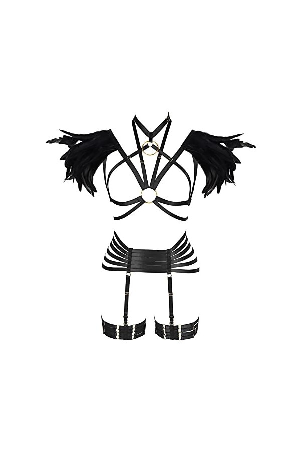 PETMHS Ensemble de harnais à plumes pour femme - Pour festival, carnaval, arts et costumes, Rouge long., A