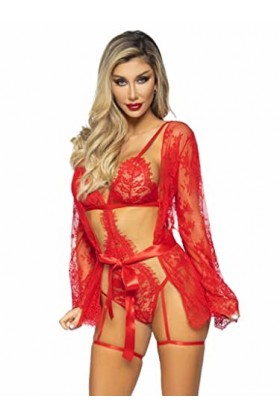 LEG AVENUE 3 Pc Eyelash Garter Teddy with G-String Back Adjustable Straps, Lace Robe, and Ribbon Tie Ensemble de Lingerie, Ro