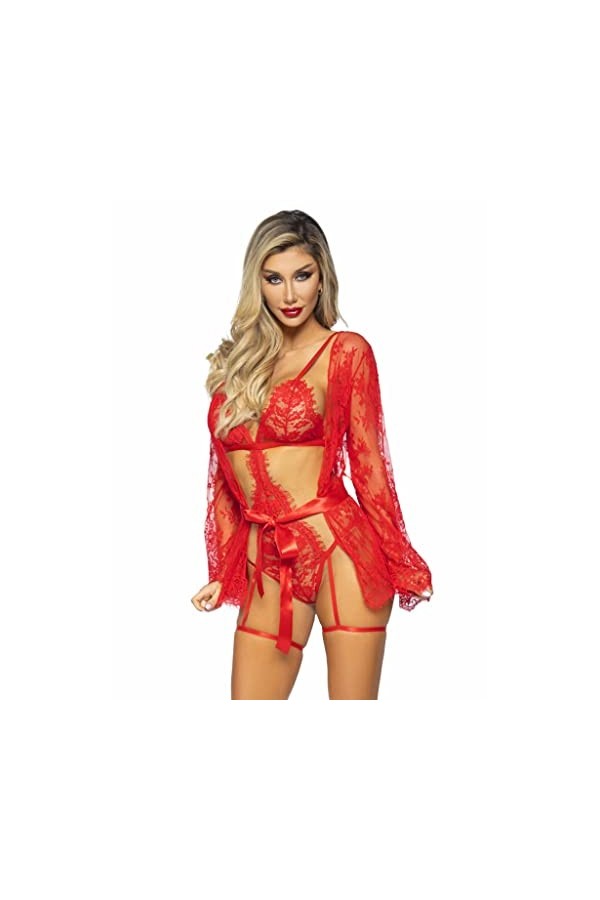 LEG AVENUE 3 Pc Eyelash Garter Teddy with G-String Back Adjustable Straps, Lace Robe, and Ribbon Tie Ensemble de Lingerie, Ro