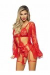 LEG AVENUE 3 Pc Eyelash Garter Teddy with G-String Back Adjustable Straps, Lace Robe, and Ribbon Tie Ensemble de Lingerie, Ro