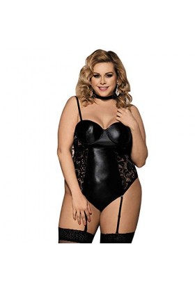 XQTX Lingerie Sexy Body Grande Taille Latex Wet Look Lingerie Exotique Faux Cuir Body Sexy Vinyle Noir Et Dentelle Porte-Jarr