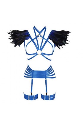 BANSSGOTH Femmes Plumes épaulette Harnais Soutien-Gorge à lanières Complet du Corps en Cage Porte-Jarretelles Ensemble Festiv