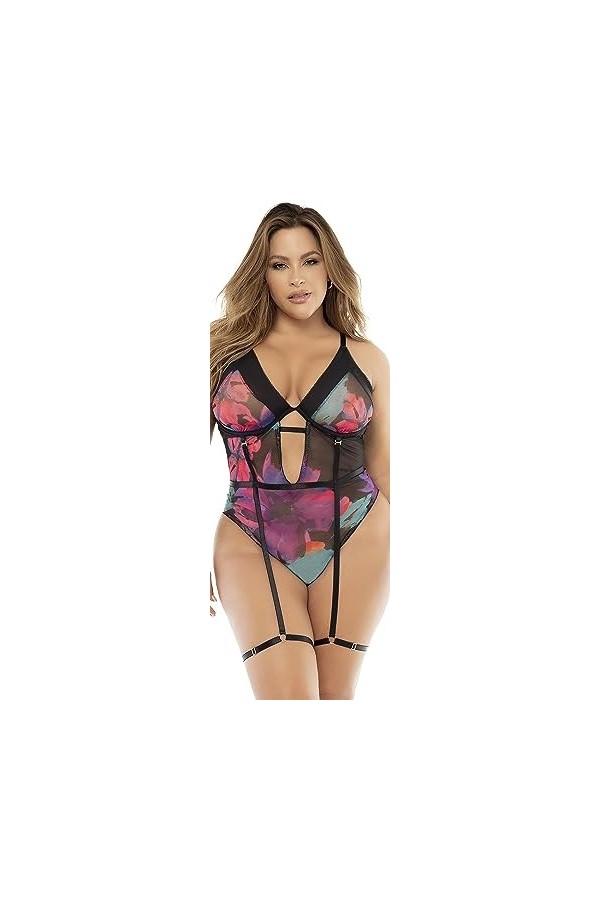 Body noir, grande taille, imprimé fleurs exotiques - MAL8774XPRT - 3X/4X, Imprimé floral
