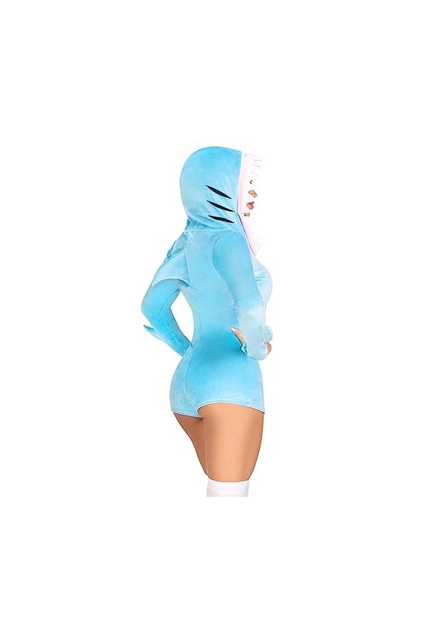 Leg Avenue Comfy Shark, features ultra-soft velvet plush zip up romper with fish zipper pull, fin detail, and teeth hood