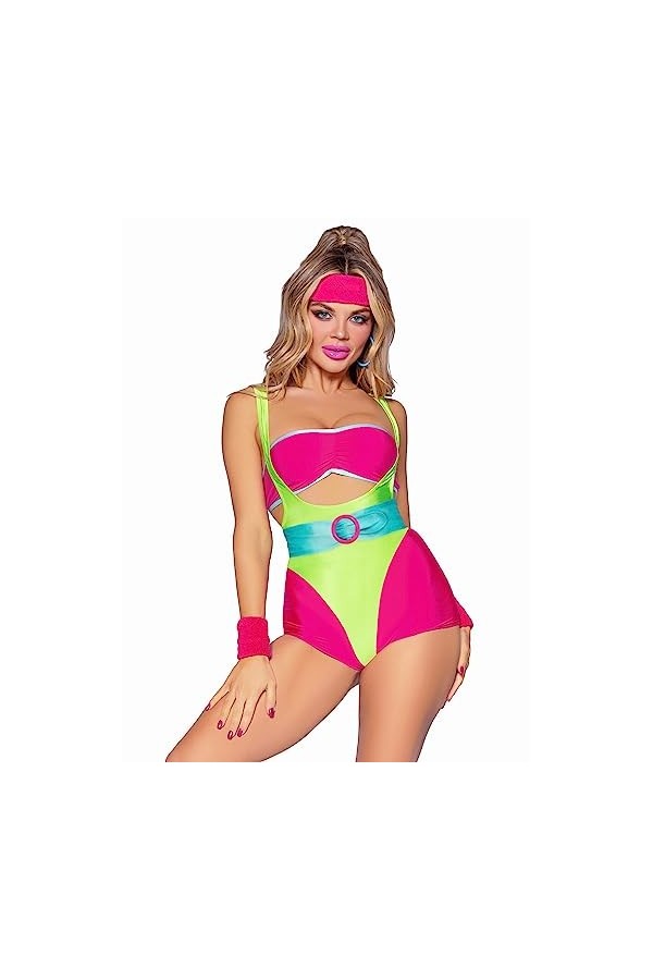 Leg Avenue 5 PC 80s Workout Hottie, includes bandeau, suspender romper, belt, wrist bands, and headband.