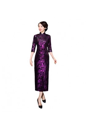Bervoco Cheongsam Long Daily Banquet Manches 3/4 en Velours Doré Grande Taille, violet, Taille L