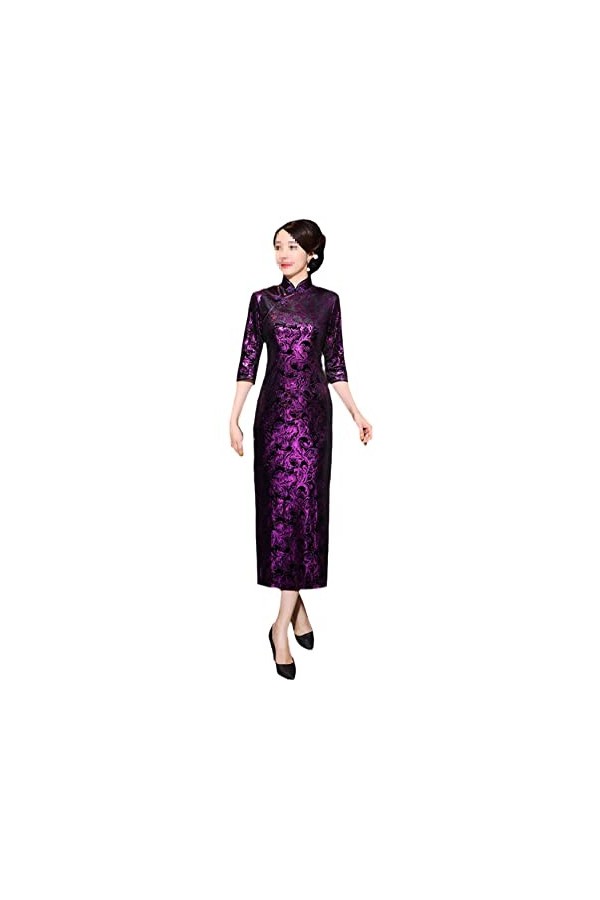Bervoco Cheongsam Long Daily Banquet Manches 3/4 en Velours Doré Grande Taille, violet, Taille L