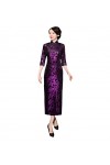 Bervoco Cheongsam Long Daily Banquet Manches 3/4 en Velours Doré Grande Taille, violet, Taille L