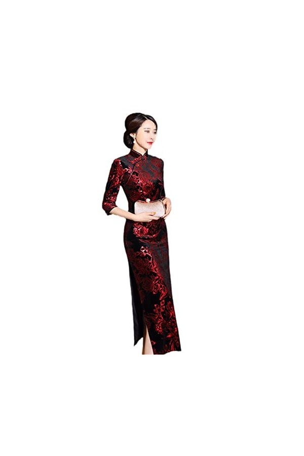 Bervoco Cheongsam Long Daily Banquet Manches 3/4 en Velours Doré Grande Taille, violet, Taille L