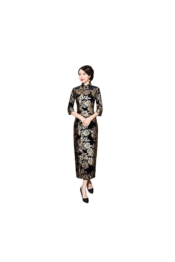 Bervoco Cheongsam Long Daily Banquet Manches 3/4 en Velours Doré Grande Taille, violet, Taille L