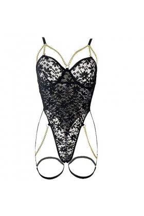 BAWHO Lingerie Sexy pour Femme en Filet de Poisson, Combinaison érotique Sexy avec chaîne Transparente ajourée Noir Petit 