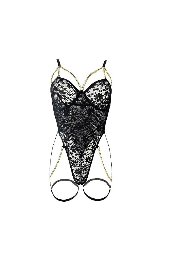 BAWHO Lingerie Sexy pour Femme en Filet de Poisson, Combinaison érotique Sexy avec chaîne Transparente ajourée Noir Petit 