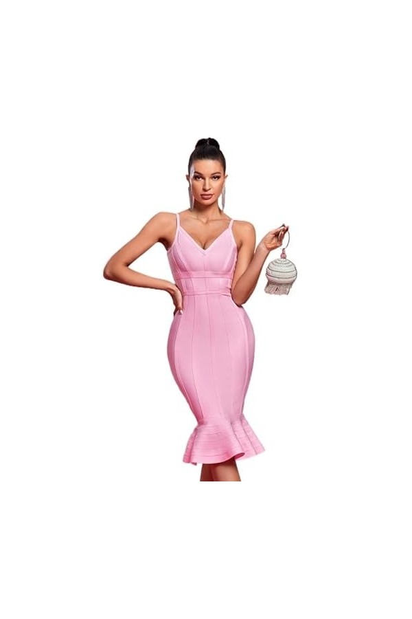Mengsiy Sirène Robe de Pansement Femmes Rose Robe de soirée Moulante élégante Sexy Spaghetti Sangle Midi soirée Anniversaire 