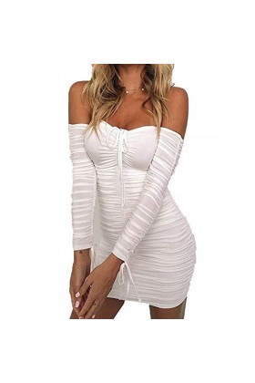Robe Plissée À Cordon, Jupe Courte Ajustable À Manches Longues pour Le Printemps Et Lété, Jupe Sexy À La Hanche,Blanc,Medium